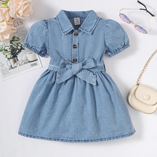 0-3 Anos De Idade Manga De Bolha Estilo Verão Feminino De Um Peito Vestido De Curta De Cor Sólida Com A Mesma Cinto De Amarração Pode Ser Amarrado Laço