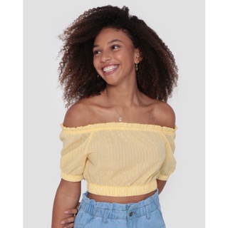 Blusa Feminina Cropped Ciganinha Listras Amarela