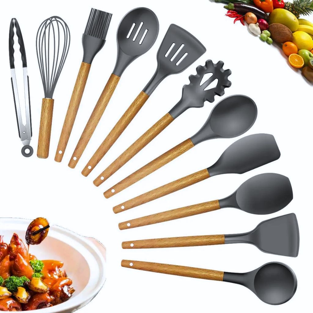 KIT de Utensílios Para Cozinha em Silicone e Bambu 12 Peças LOJA ZSZ