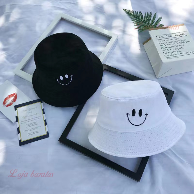 Bone Chapeu Bucket Hat Smile Sorriso Preto /Branco Top boné ovo