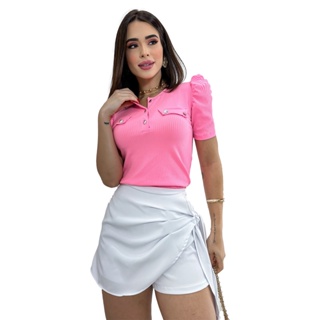 Blusa Feminina Canelada Manga Curta Bufante Social Botões