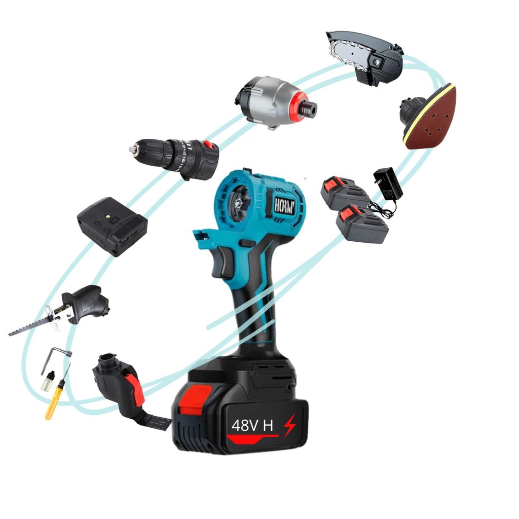 Kit Multiferramentas Chave de Impacto Parafusadeira Motosserra Furadeira 6 Em 1 com Duas Baterias 48Vh