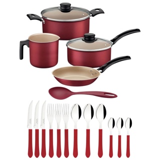 Kit Jogo de Panelas 5 Peças em Alumínio Antiaderente Starflon Max +Faqueiro Ipanema 12 Pçs Inox Vermelho Tramontina