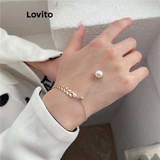Lovito Pulseira Ajustável Casual Com Corrente De Pérolas Lisas E Orelhas De Trigo Assimétricas Para Mulheres LFA11213