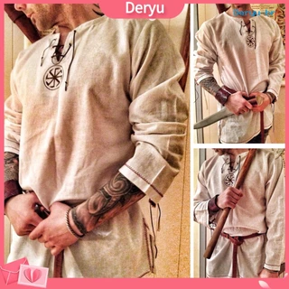 [deryu] Homens Camisa Cavaleiro Cosplay Traje Medieval Túnica De Halloween Trajes Adultos Viking Disfarce De Piratas De Carnaval