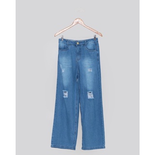 Calça Jeans Juvenil Wide Leg Destroyed Azul Médio