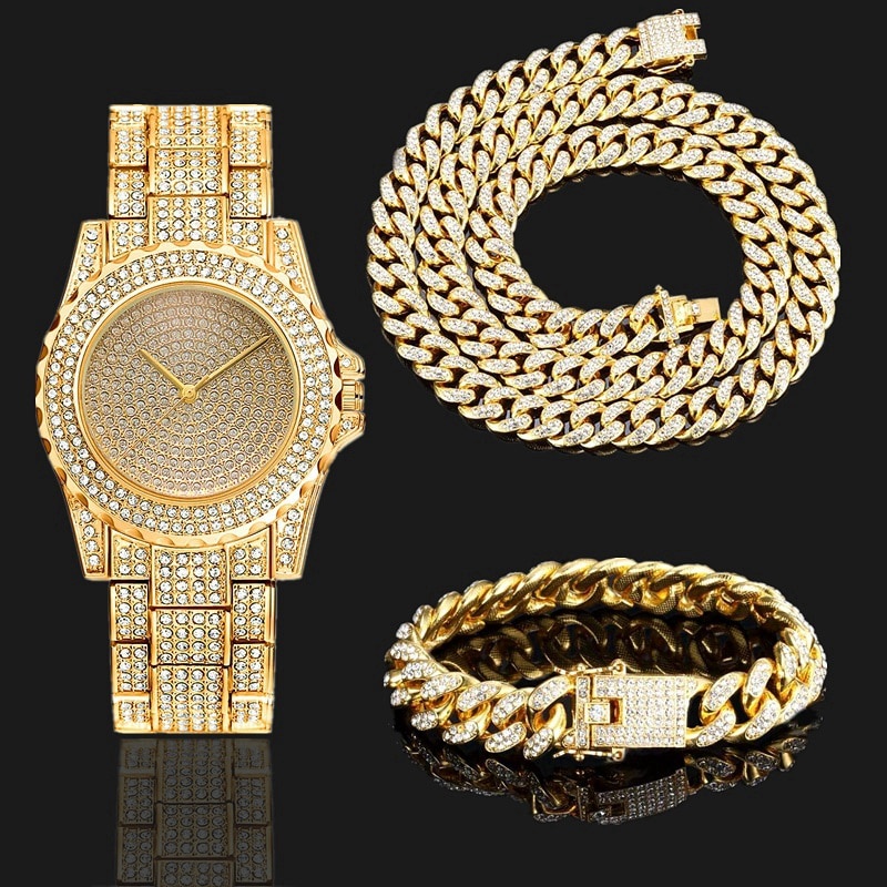 Vhj Ice Out Crystal Watch Bracelet Pulseira De Cristal Colar Homens Miami Cz Jóias De Hip Hop De Corrente Cubana