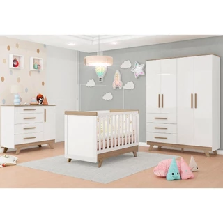 Quarto Bebê Retrô Completo com Guarda Roupa 4 Portas Berço Mini Cama Cômoda 4 Gavetas Móveis Peroba