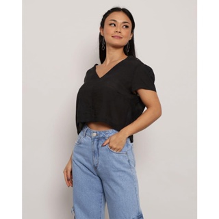 Blusa Feminina Manga Copinho Cropped Decote V Preta