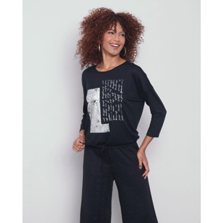 Blusa Feminina Manga 7/8 com Estampa Preta