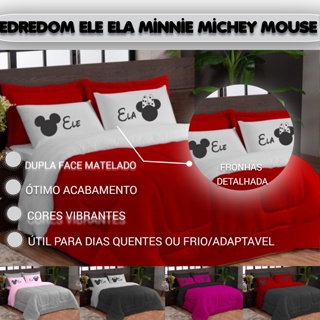Kit Roupa Cama Cobre Leito Edredom 5pcs Casal Queen Ternura ELE ELA MINNIE MICHEY Dupla Face Fronhas Estampadas Frio Quente Liso