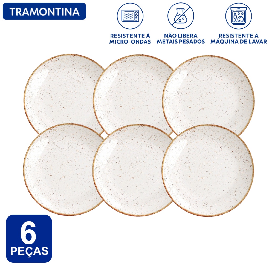 Aparelho De Jantar Jogo de Pratos Tramontina Rústico Marrom em Porcelana Decorada 6 Peças