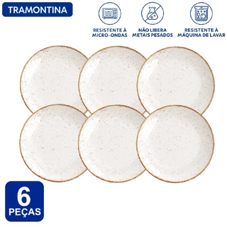 Aparelho De Jantar Jogo de Pratos Tramontina Rústico Marrom em Porcelana Decorada 6 Peças