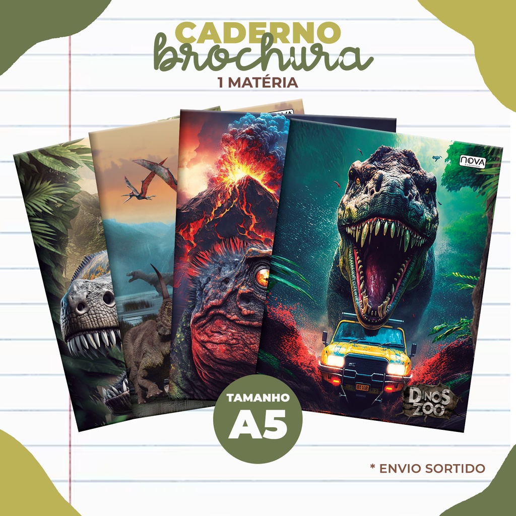 Caderno de Brochura Dino Dinossauro Costurado Cosido Capa Dura A5 1/4
