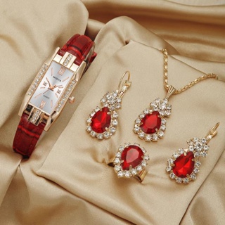 Conjunto Feminino Relógio Feminino Colar Brincos Anel Set Moda Pulseira De Couro Relógio De Quartzo Feminino