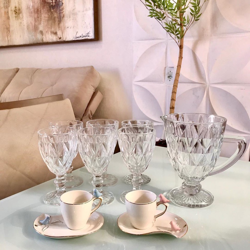 Jogo 6 Taças 330ml Vidro Agua Vinho Diamante Transparente - 6 Unidades