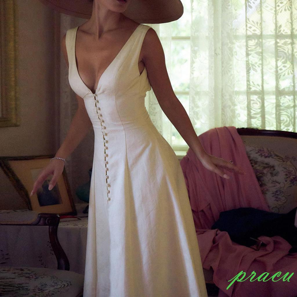 Pracu-Women's Botão Frontal De Corte Baixo Linha A Vestido De Joelho Sem Costas De Cintura Alta Comprimento Do Pescoço V