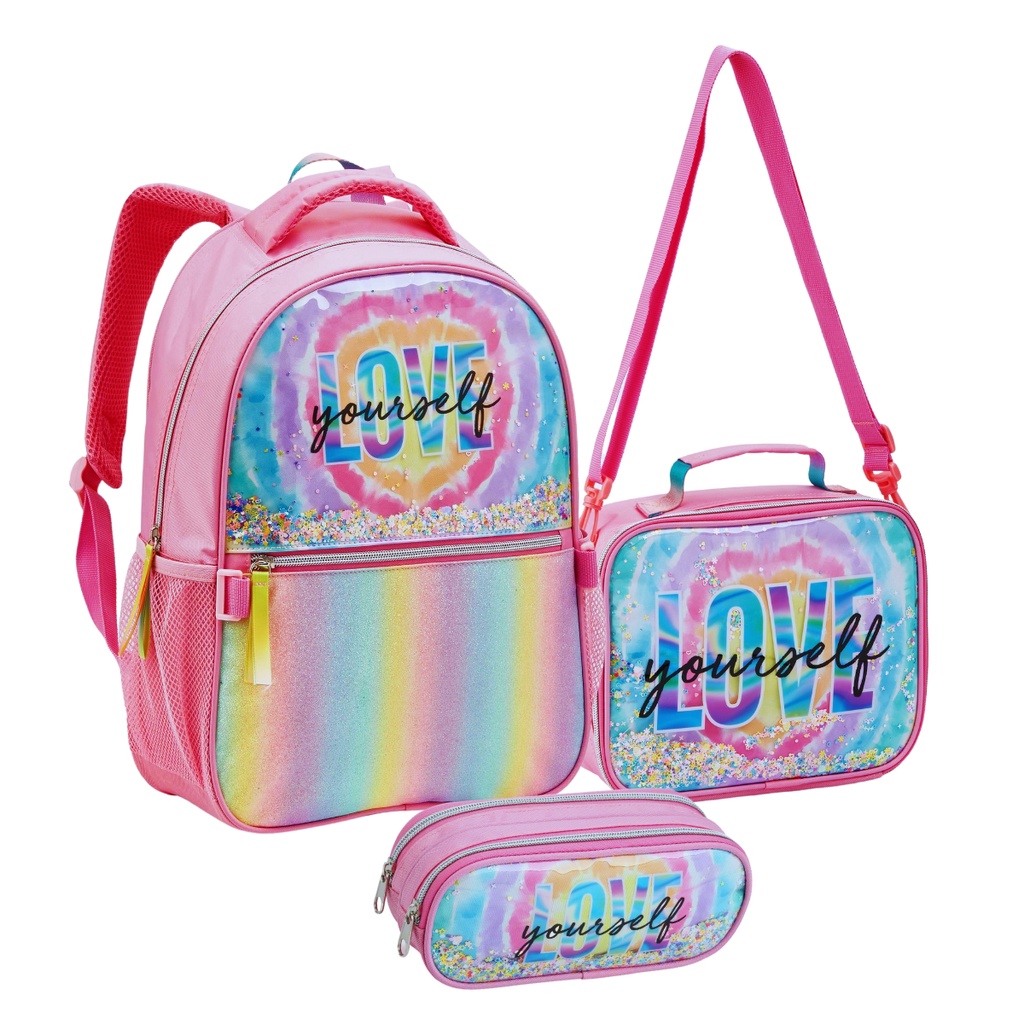 Kit Mochila Feminina Escolar Juvenil Com Glitter Muito Brilho Lancheira Removível E Estojo Duplo 0312