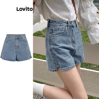 Lovito Casual Shorts Jeans Feminino Liso com Fenda e Bolso L68ED114 (Azul)