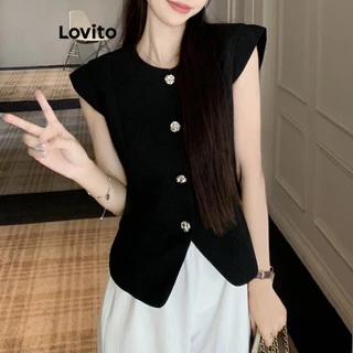 Lovito Regata Casual Lisa com Botões Frontais para Mulheres LNE38198 (Branco Off White/Preto)