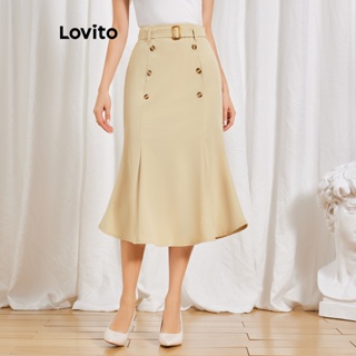 Lovito Saias Elegantes Com Cinto Duplo E Liso Para Mulheres LBL06030 (Cáqui Claro)