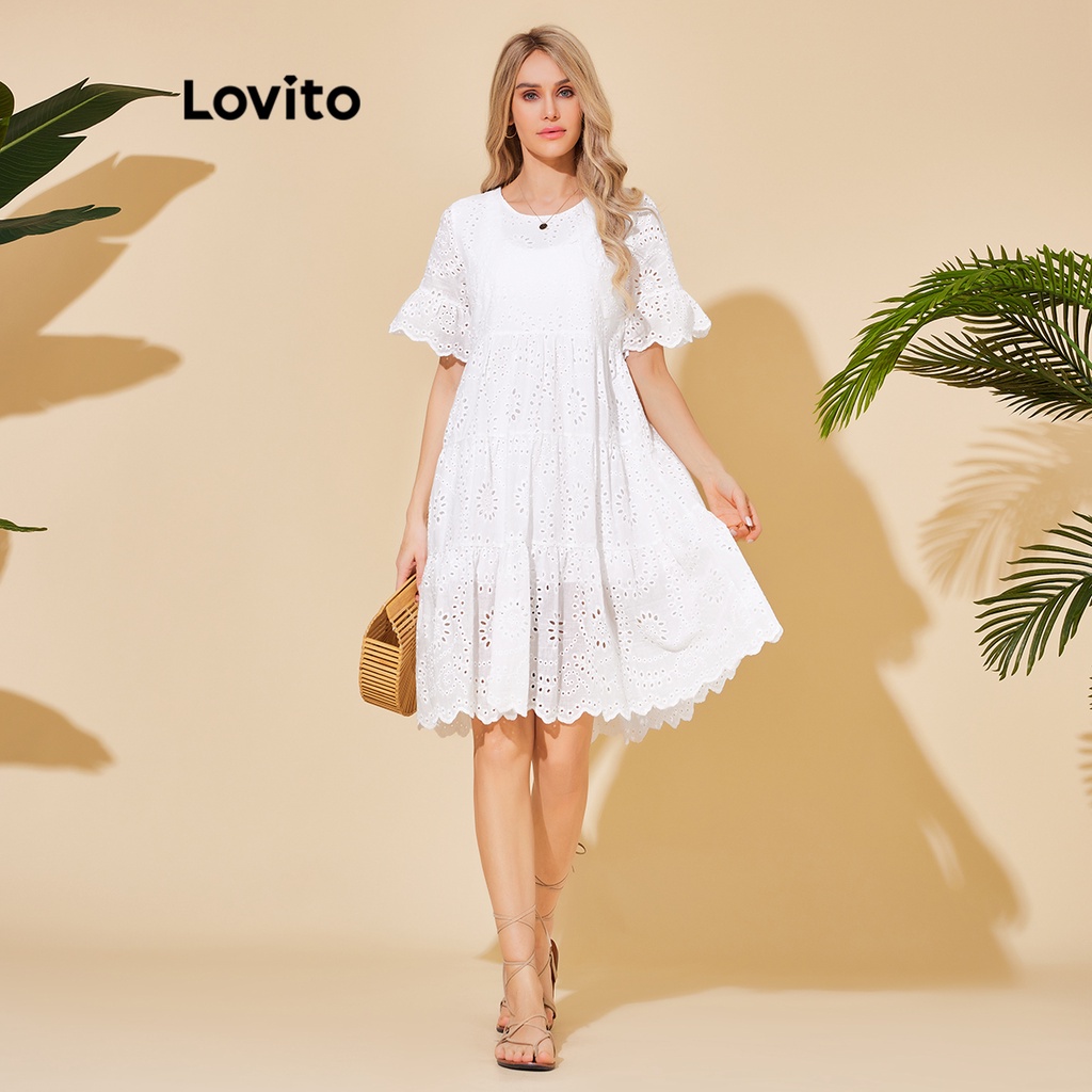 Lovito Vestido Boho Com Forro Em Camadas Simples Para Mulheres LBL06011 (Branco)