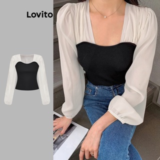 Lovito Blusa Elegante Lisa Com Babados Colorblock Para Mulheres L74ED107