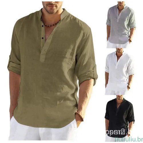 024 Camisa de linho de algodão manga comprida masculina