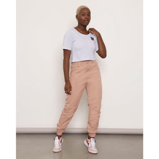 Calça Sarja Feminina Jogger Com Bolso Cargo Marrom