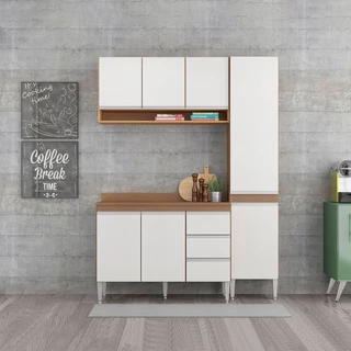 Cozinha Compacta Modulada com Balcão Paneleiro Sabrina 160x202 Cm 4 Peças MDP Branco MENU