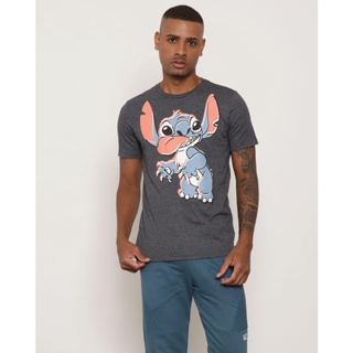 Camiseta Masculina Manga Curta Stitch Disney Cinza