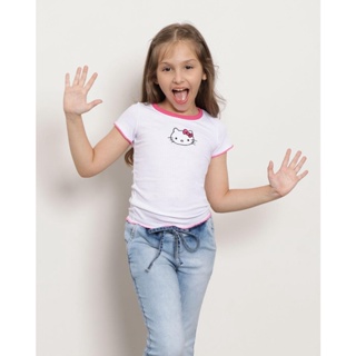 Blusa Infantil Manga Curta Bordado Hello Kitty Branca