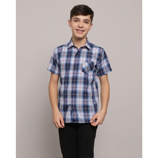Camisa Juvenil Manga Curta Estampada Xadrez Azul