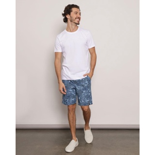 Bermuda Masculina Sarja Com Elástico Estampa Folhagem Azul