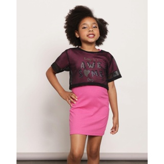 Vestido Infantil Manga Curta Malha Canelada Com Sobreposição De Blusa Telada