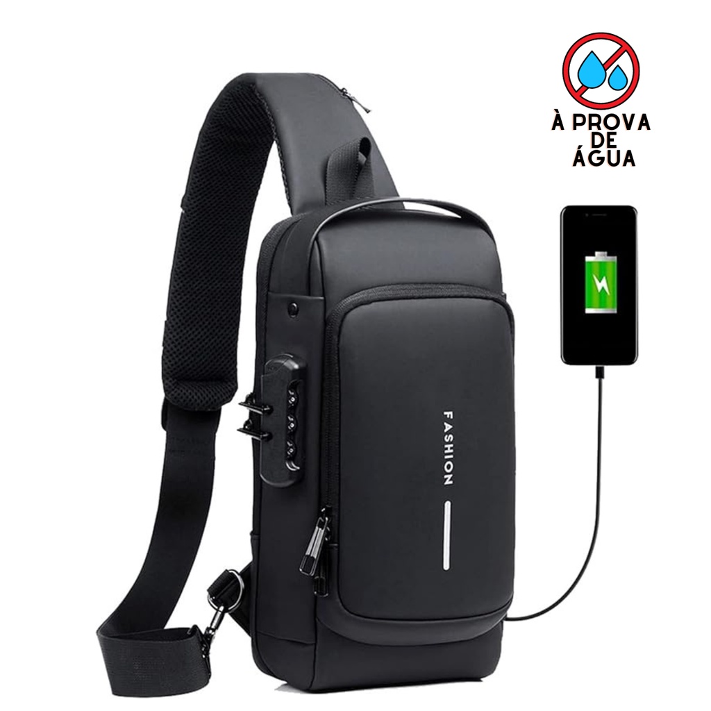 Mochila De Peito Masculina À Prova D'água Anti Furto Com Senha Entrada USB Bolsa De Ombro Tranversal Tipo Mensageiro