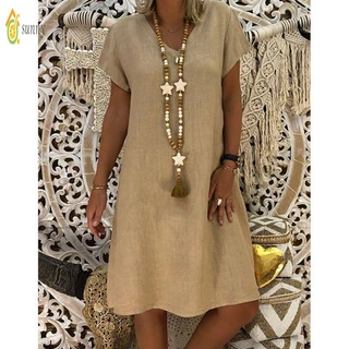 Vintage Women Cor Sólida V Pescoço Em Manga Curta Impressa Vestido De Joelho Solto