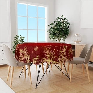 Toalha De Mesa Redonda Tecido Oxford Vermelho Natalino Folhas Douradas Flocos de Neve -140x140cm
