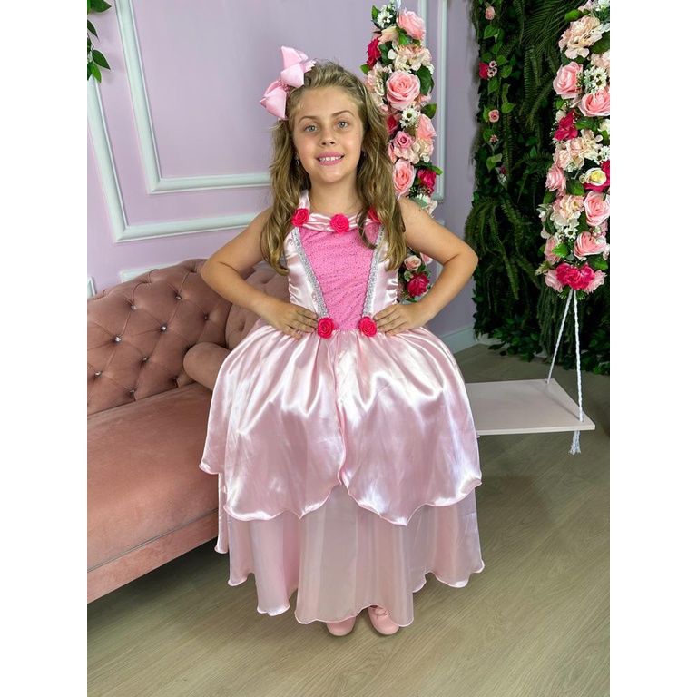 Vestido Fantasia Infantil Manga Longa Princesa Aurora Bela