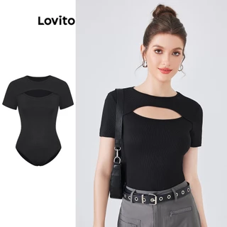 Lovito Bodysuits Casual Liso com Recortes para Mulheres L54ED064 (Preto)