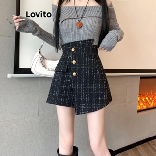 Lovito Shorts Casuais De Guingão Assimétricos Com Bolso Falso Para Mulheres LNA40171