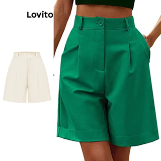 Lovito Casual Shorts Plissados Liso com Bolsos para Mulheres LNL43146
