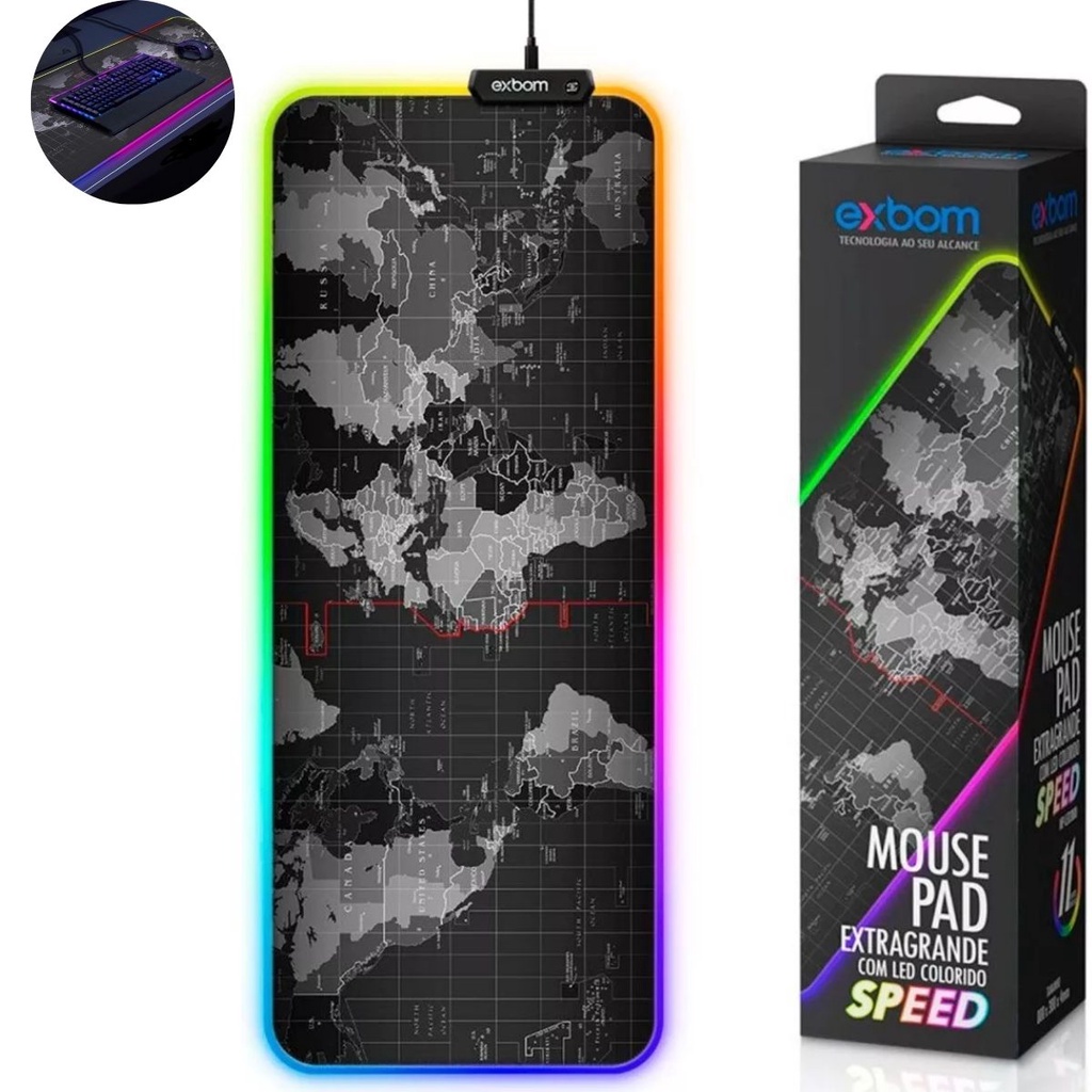 Mouse pad Gamer Led Rgb 7 Cores Tamanho Grande 80 X 30cm MAPA MUNDI