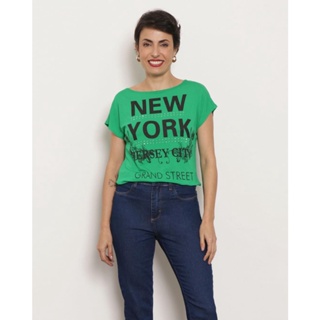 Blusa Feminina Manga Curta Estampa Com Aplique Metalizado Verde