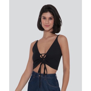 Regata Cropped Feminina Canelada Amarração Preta