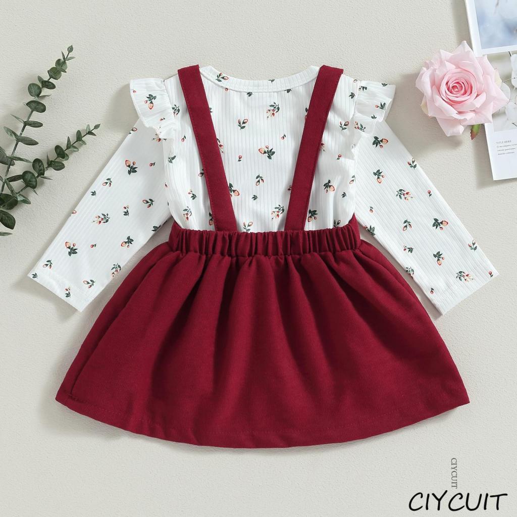 Conjunto de roupas Kawaii para bebês meninas de manga comprida com  suspensório floral e saias, macacão (marrom, 6 a 12 meses)