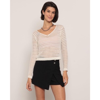 Blusa Feminina Tricô Ponto Aberto Lurex Off White