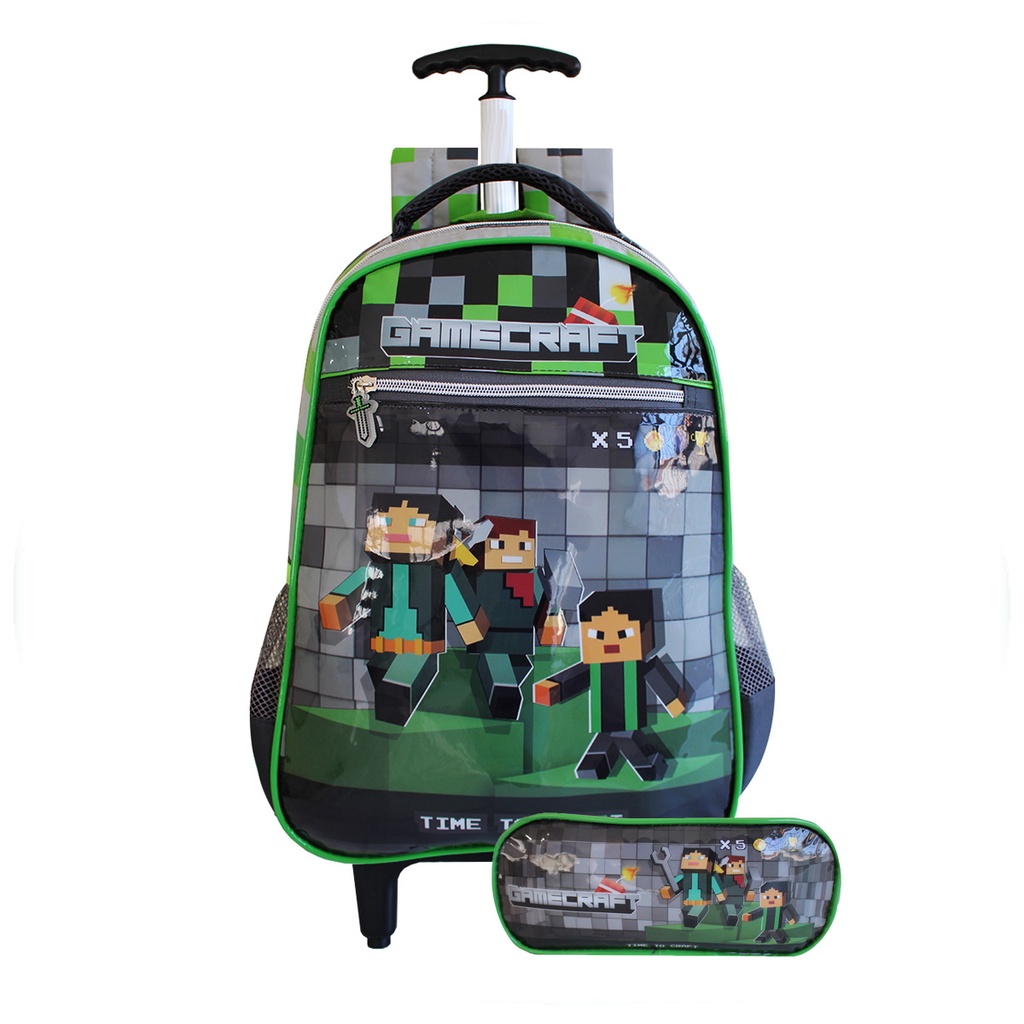 Kit Mochila Infantil Jogo Game Craft Escolar Rodinhas Tam G Lancheira  Térmica Estojo Duplo - Colorido