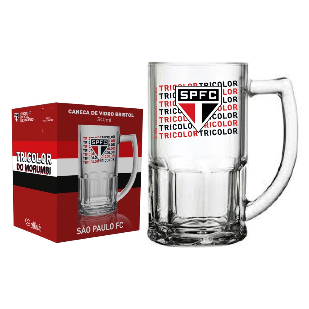 Caneca São Paulo vidro cerveja presente time 340ml Bristol