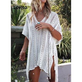 Lovito Vestido Saída de Praia Vazado Estilo Tricot para Mulheres LNL36080 (Branco Preto)